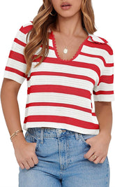 Women's Summer V Neck Collared Striped Short Sleeve Sweater Top(Buy 2 Free Shipping)