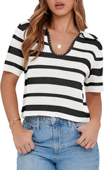 Women's Summer V Neck Collared Striped Short Sleeve Sweater Top(Buy 2 Free Shipping)