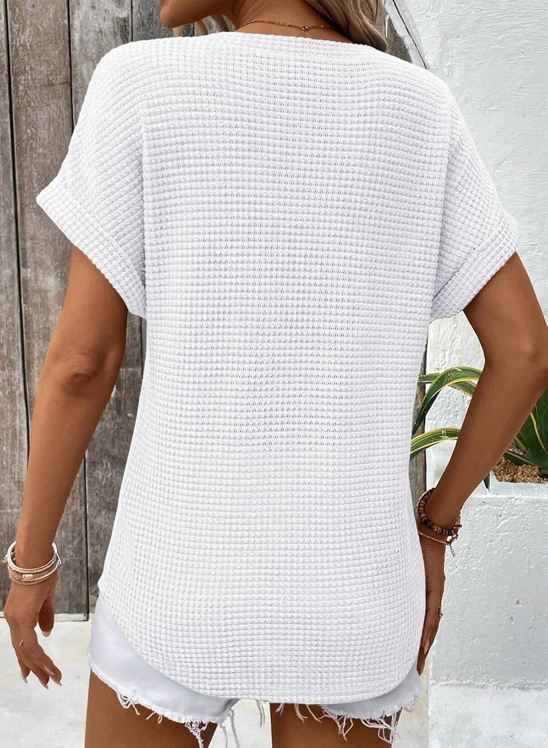 ✨Women's Oversized Waffle V Neck Short Sleeve Casual Top(BUY 2 FREE SHIPPING)
