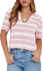 Women's Summer V Neck Collared Striped Short Sleeve Sweater Top(Buy 2 Free Shipping)