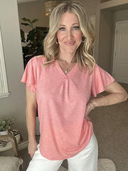 ✨Women's V Neck Ruffle Sleeve Tunic Short Sleeve Blouse Flutter Sleeve Tops