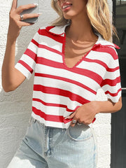 Women's Summer V Neck Collared Striped Short Sleeve Sweater Top(Buy 2 Free Shipping)