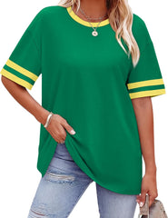 ✨ Women's Oversized Crew Neck Colorblock Striped Sleeve T-shirt