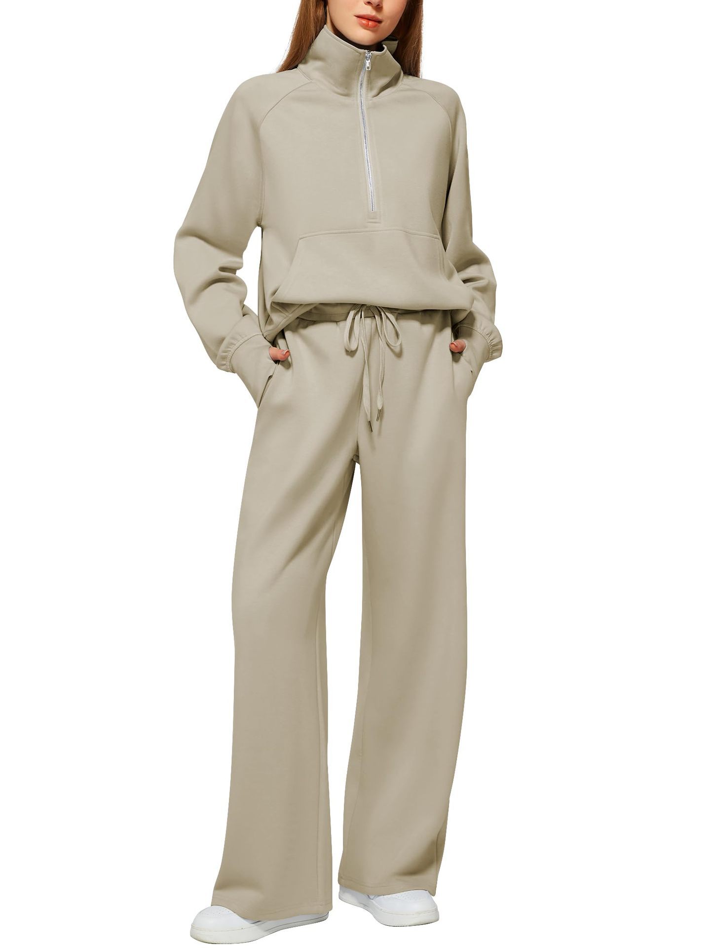 CLEARANCE SALEš„ Women's Solid Color Cotton Half Zip Two-Piece Set