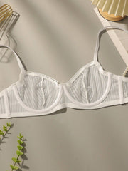 Mesh Stripe Double Layer Sexy Bra Set with Steel Ring White