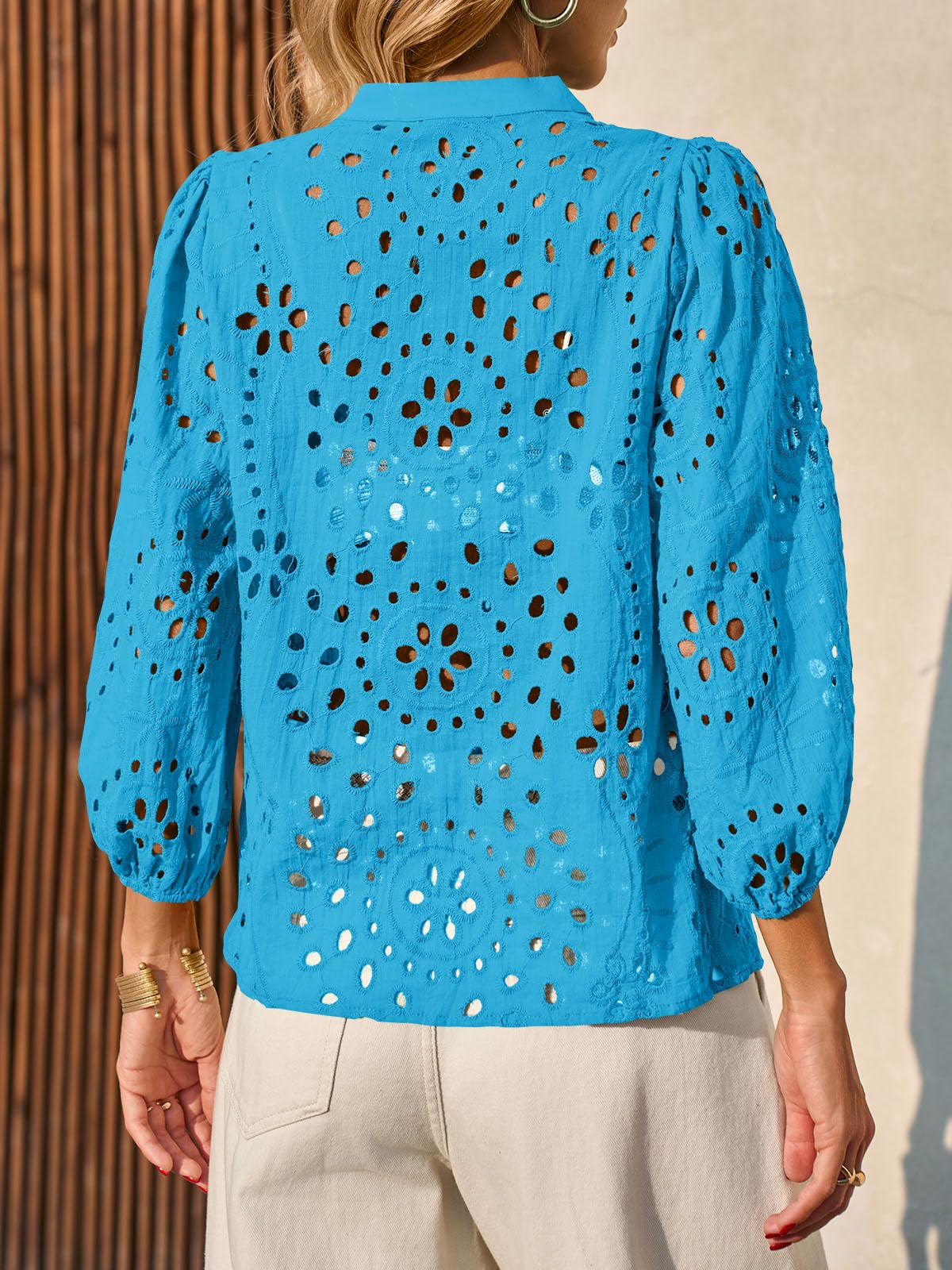 ✨Womens Summer Deep V Neck Eyelet Blouses Casual 3/4 Balloon Sleeve Button Down Shirts(buy 2 free shipping)
