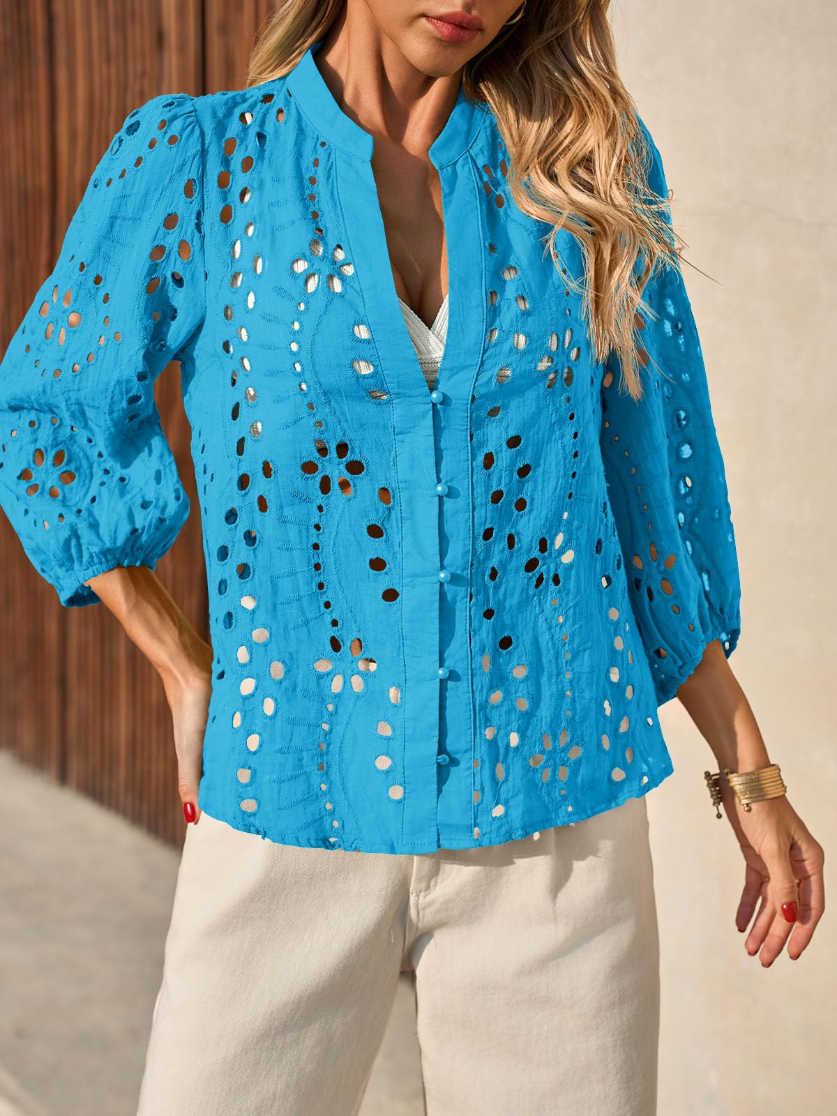 ✨Womens Summer Deep V Neck Eyelet Blouses Casual 3/4 Balloon Sleeve Button Down Shirts(buy 2 free shipping)