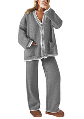 NEW🔥 2024 Women's Cotton Two-Piece Knit Leisure Suit Long Sleeved V Neck Cardigan Sweater Wide Legged Pants Sportswear
