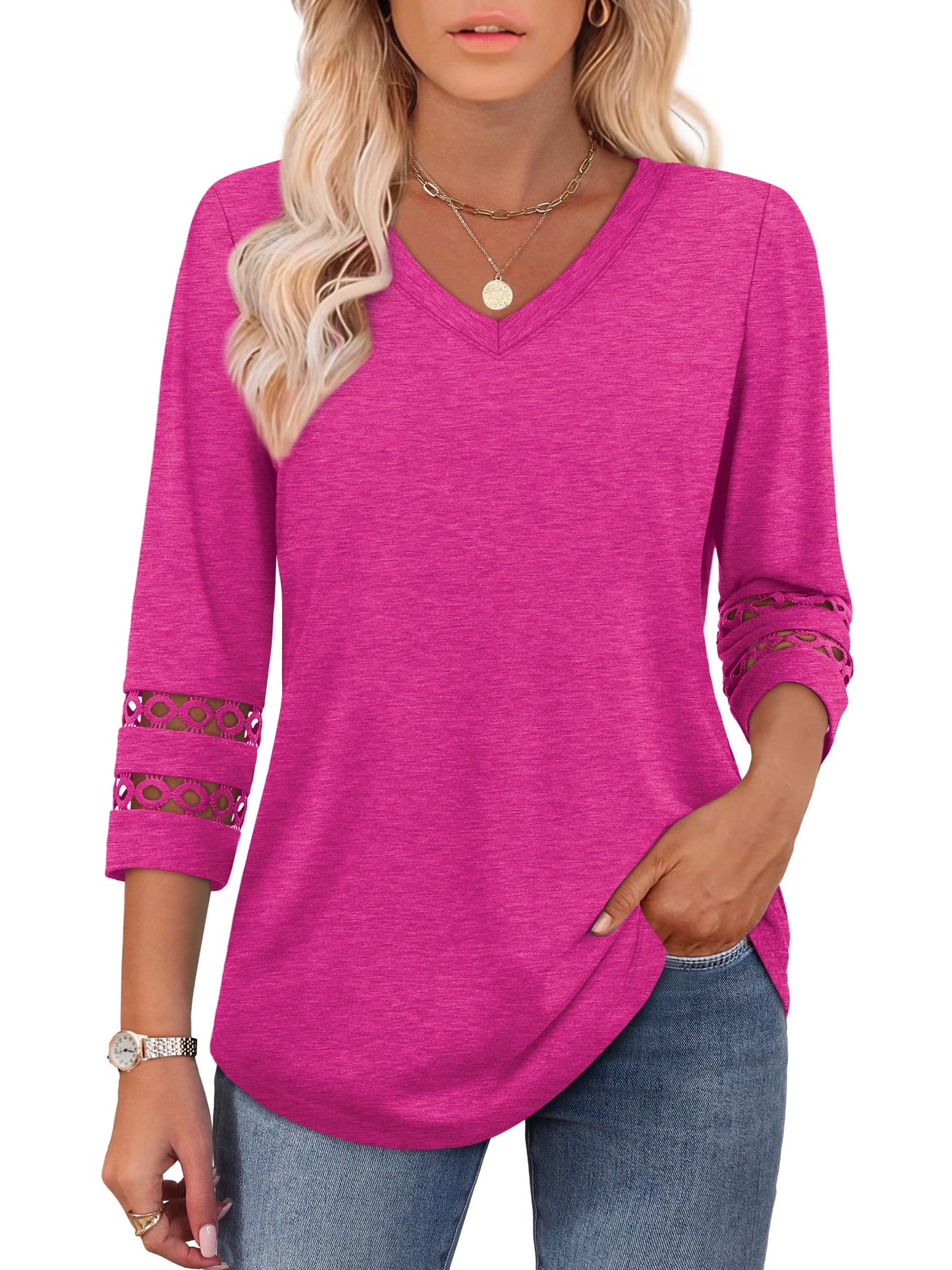 ✨Womens 3/4 Length Sleeve Tops Trendy V Neck T Shirts(buy 3 free shipping)