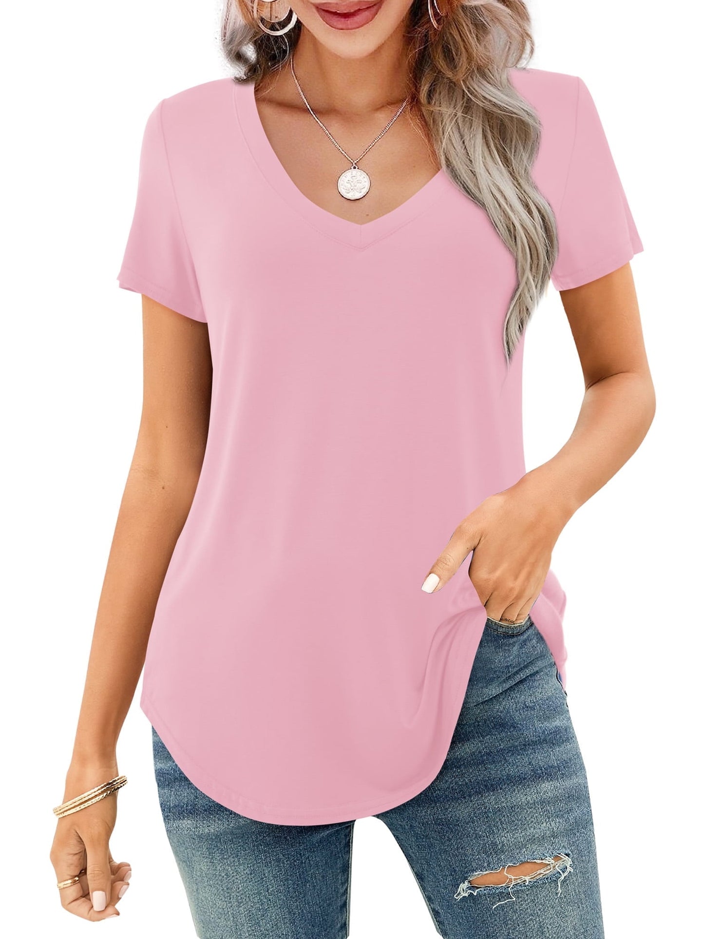 ✨Women's V-neck Short Sleeve Curved Hem Tee Top (Buy 3 Free Shipping)
