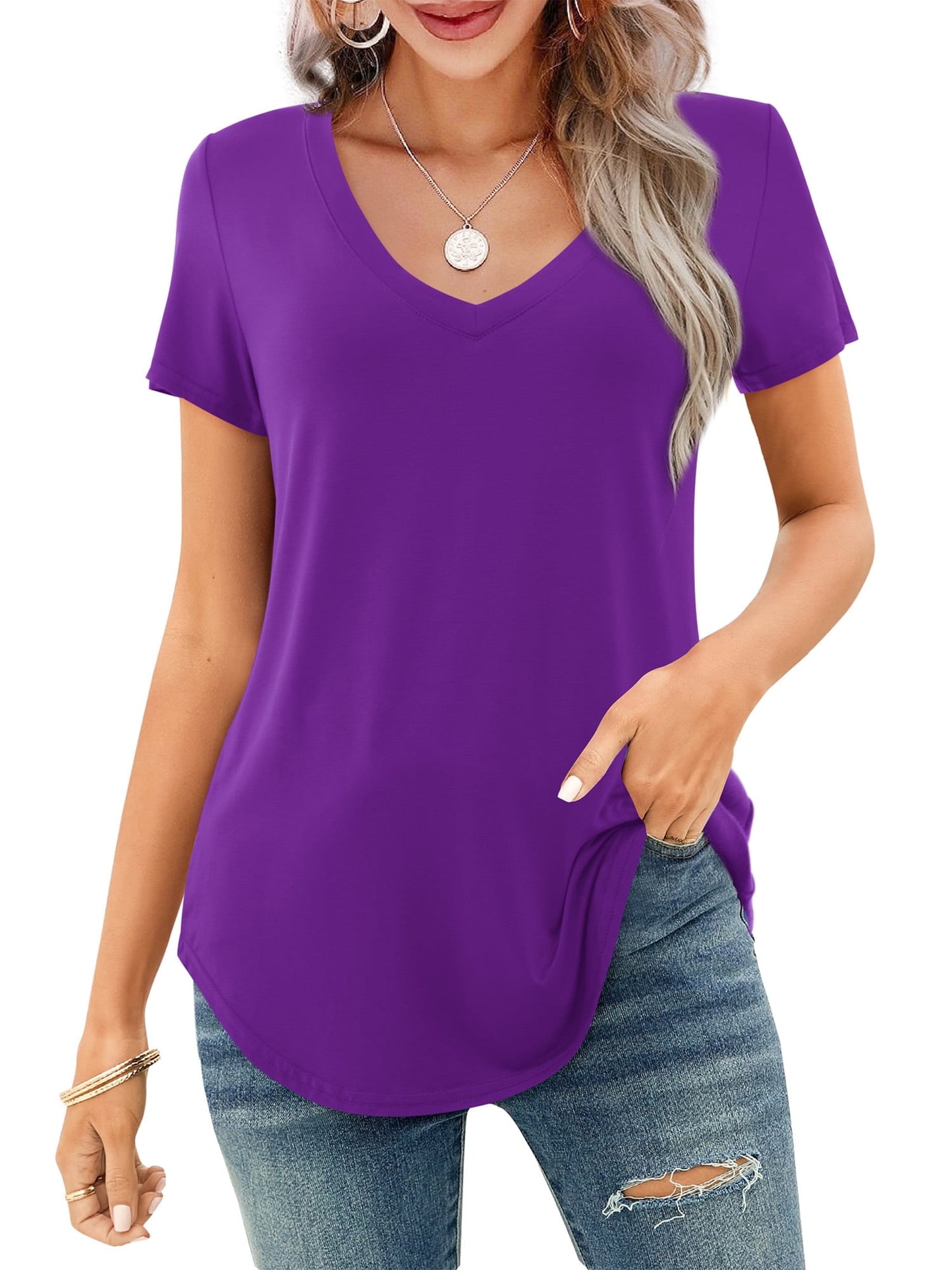 ✨Women's V-neck Short Sleeve Curved Hem Tee Top (Buy 3 Free Shipping)