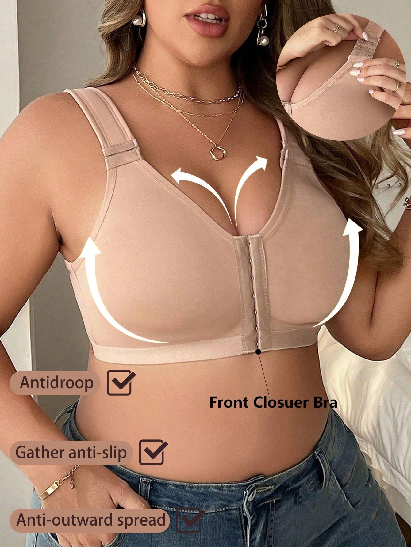 Front-Clasp Plus-Size Wireless Unlined Bra with Pure Color and Delicate Details