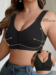 Front-Clasp Plus-Size Wireless Unlined Bra with Pure Color and Delicate Details Black