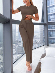 Solid Tee & Tie Waist Wide Leg Pants Lounge Set