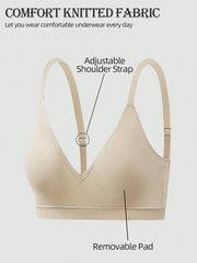 Deep V Solid Color Ribbed Knit Seamless Bra Linen