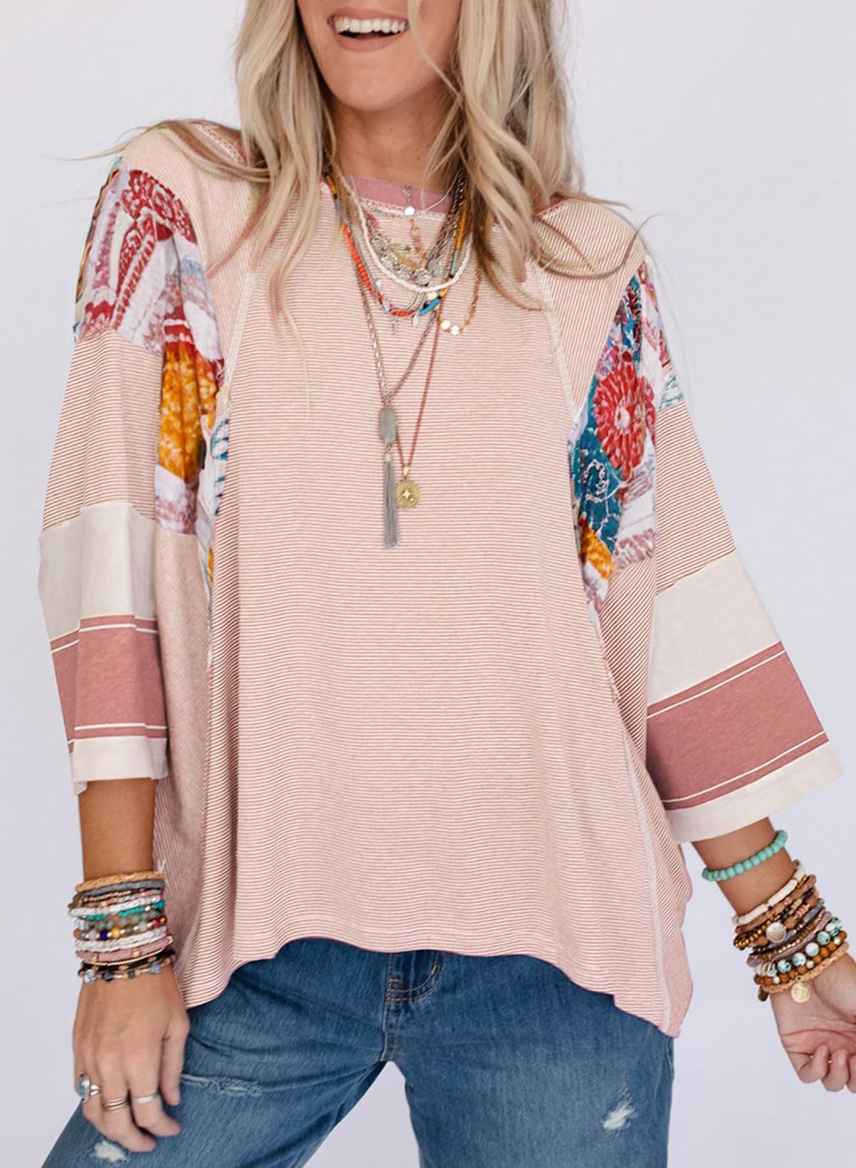 ✨Women's 3/4 Length Sleeve Oversized Striped Patchwork Shirts(buy 2 free shipping)