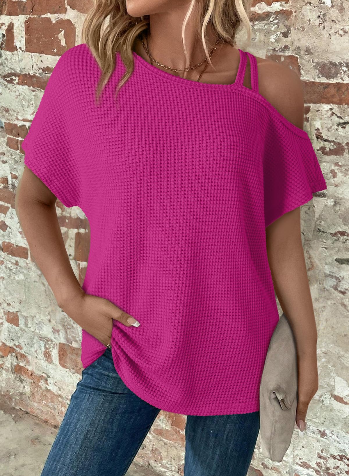 ✨Women's Off One Shoulder Waffle Knit Short Sleeve T-Shirts(buy 2 free shipping)