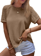 ✨Women's Casual Crew Neck Hollow Out Raglan Short Sleeve Waffle Knit Tops(buy 3 free shipping)