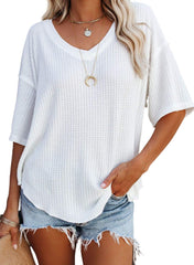 ✨Women's Causual V Neck Short Sleeve Shirts Waffle Knit Loose Tunic Tops(buy 3 free shipping)