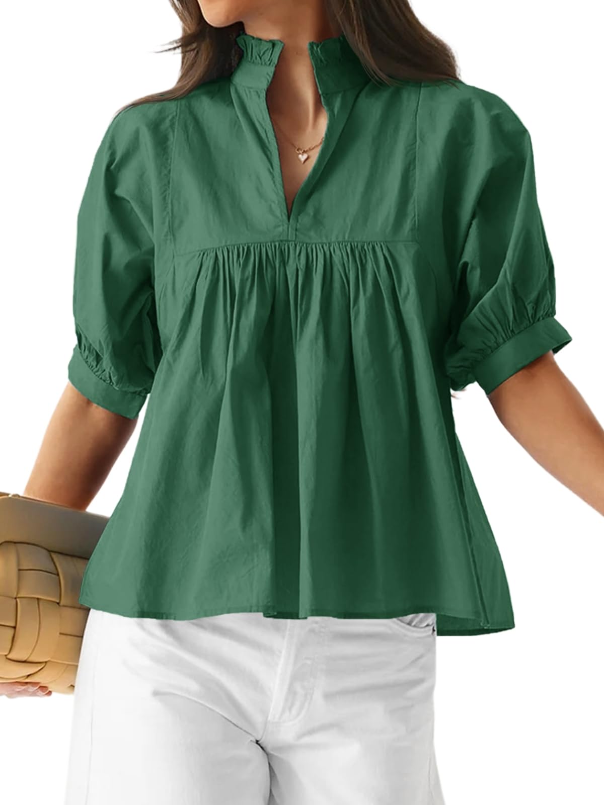 ✨ Women's Puff Sleeve V Neck Casual Pleated Tops(buy 2 free shipping)
