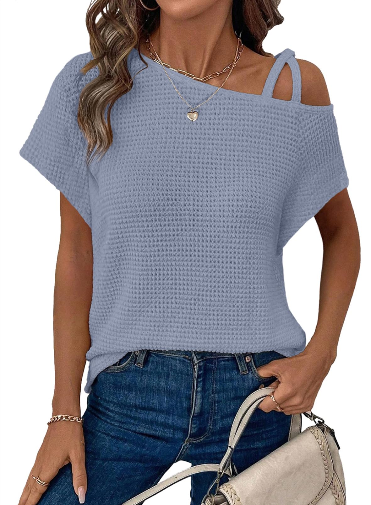 ✨Women's Off One Shoulder Waffle Knit Short Sleeve T-Shirts(buy 2 free shipping)