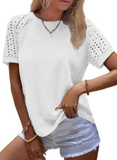 ✨Women's Casual Crew Neck Hollow Out Raglan Short Sleeve Waffle Knit Tops(buy 3 free shipping)