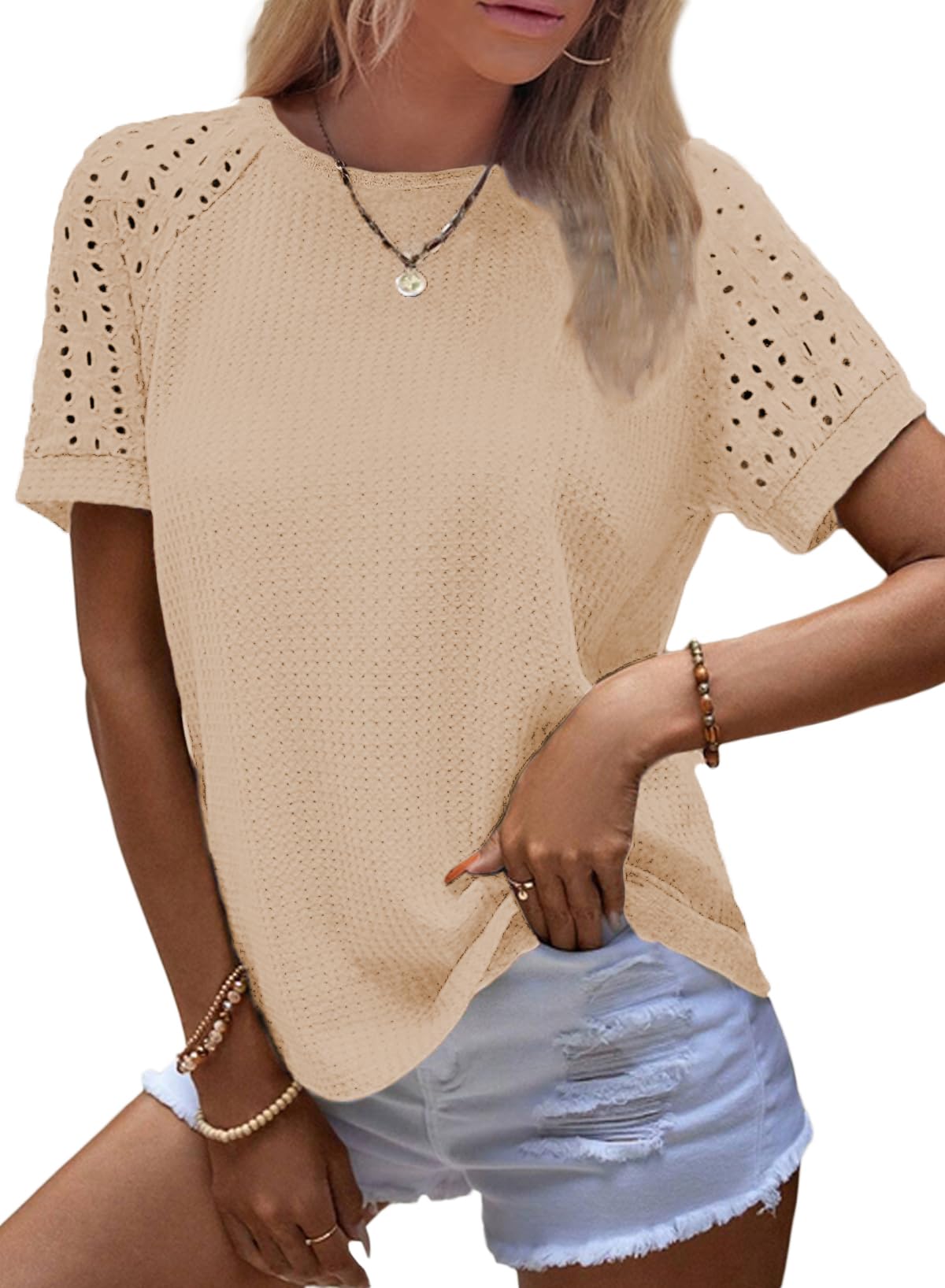 ✨Women's Casual Crew Neck Hollow Out Raglan Short Sleeve Waffle Knit Tops(buy 3 free shipping)
