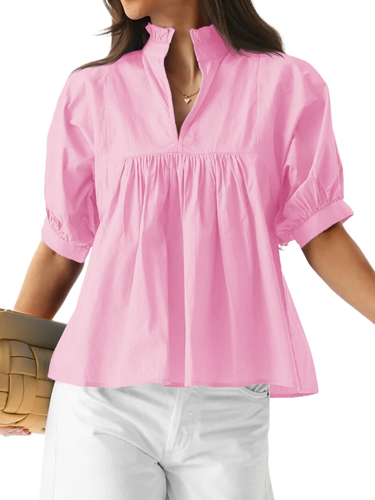 ✨ Women's Puff Sleeve V Neck Casual Pleated Tops(buy 2 free shipping)