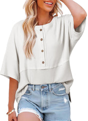 ✨Women's 3/4 Sleeve Casual Button Down Waffle Knit Tops(buy 2 free shipping)