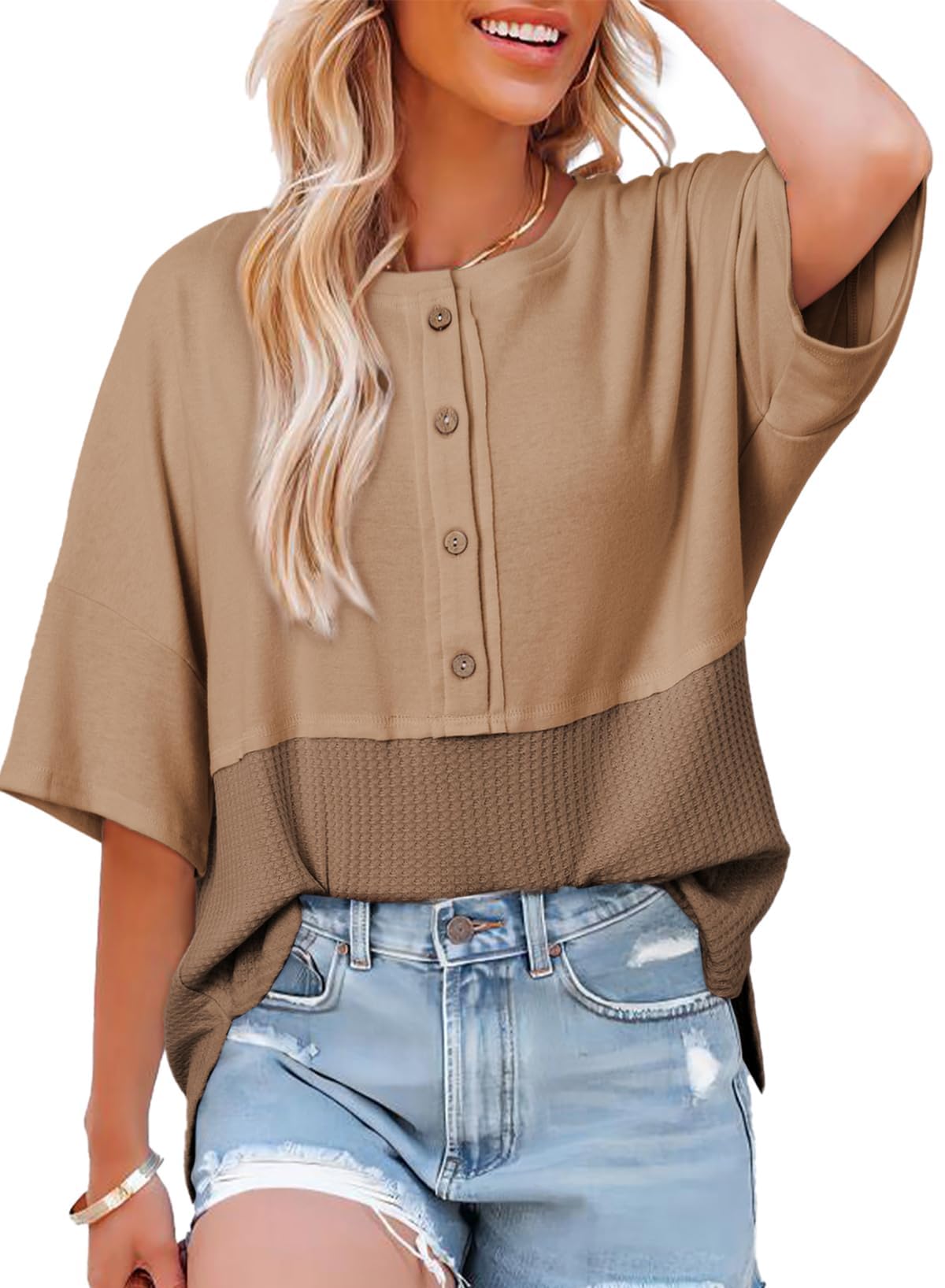 ✨Women's 3/4 Sleeve Casual Button Down Waffle Knit Tops(buy 2 free shipping)