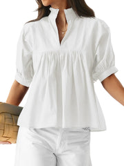✨ Women's Puff Sleeve V Neck Casual Pleated Tops(buy 2 free shipping)