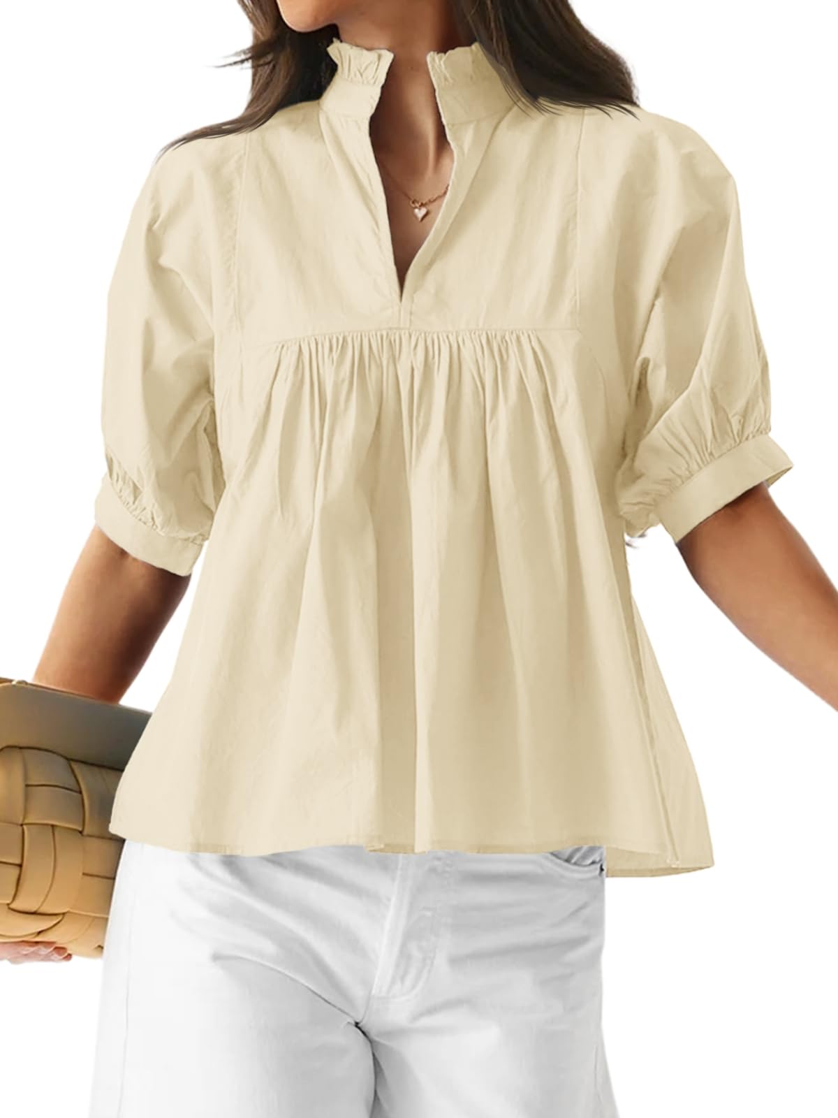 ✨ Women's Puff Sleeve V Neck Casual Pleated Tops(buy 2 free shipping)