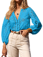 ✨Womens Summer Deep V Neck Eyelet Blouses Casual 3/4 Balloon Sleeve Button Down Shirts(buy 2 free shipping)