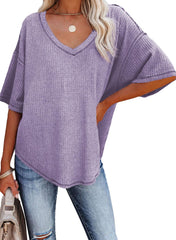 ✨Women's Causual V Neck Short Sleeve Shirts Waffle Knit Loose Tunic Tops(buy 3 free shipping)
