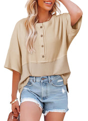 ✨Women's 3/4 Sleeve Casual Button Down Waffle Knit Tops(buy 2 free shipping)