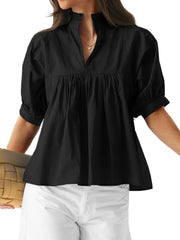 ✨ Women's Puff Sleeve V Neck Casual Pleated Tops(buy 2 free shipping)