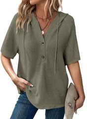 ✨Women's Waffle Knit Button V Neck Short Sleeve Lightweight Drawstring Hoodies(BUY 2 10% off)