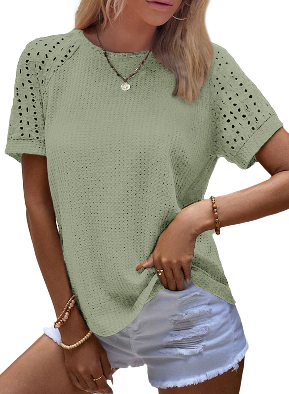 ✨Women's Casual Crew Neck Hollow Out Raglan Short Sleeve Waffle Knit Tops(buy 3 free shipping)