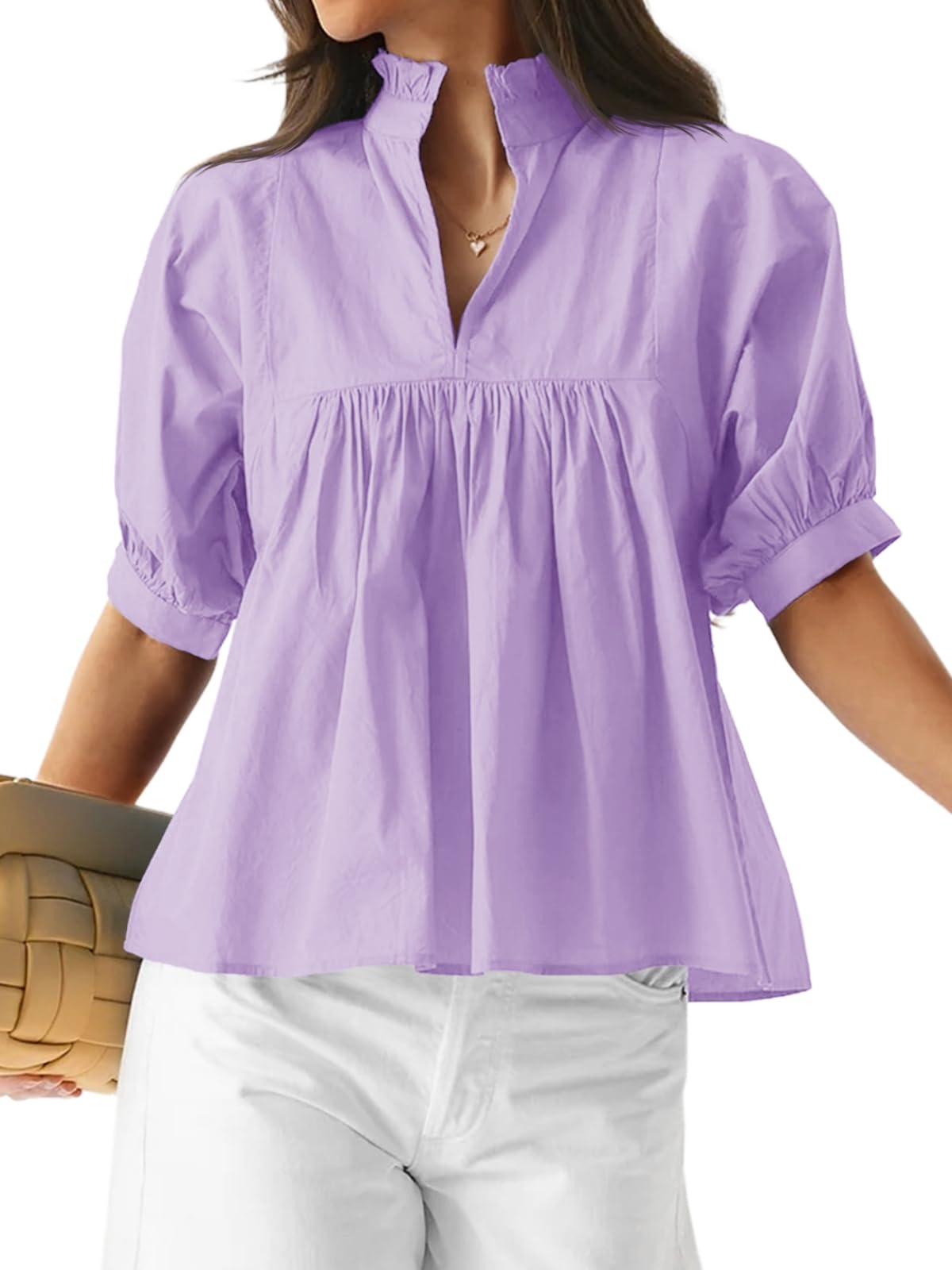 ✨ Women's Puff Sleeve V Neck Casual Pleated Tops(buy 2 free shipping)