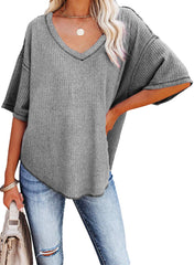 ✨Women's Causual V Neck Short Sleeve Shirts Waffle Knit Loose Tunic Tops(buy 3 free shipping)
