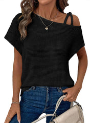 ✨Women's Off One Shoulder Waffle Knit Short Sleeve T-Shirts(buy 2 free shipping)