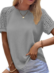 ✨Women's Casual Crew Neck Hollow Out Raglan Short Sleeve Waffle Knit Tops(buy 3 free shipping)