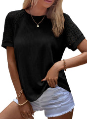 ✨Women's Casual Crew Neck Hollow Out Raglan Short Sleeve Waffle Knit Tops(buy 3 free shipping)
