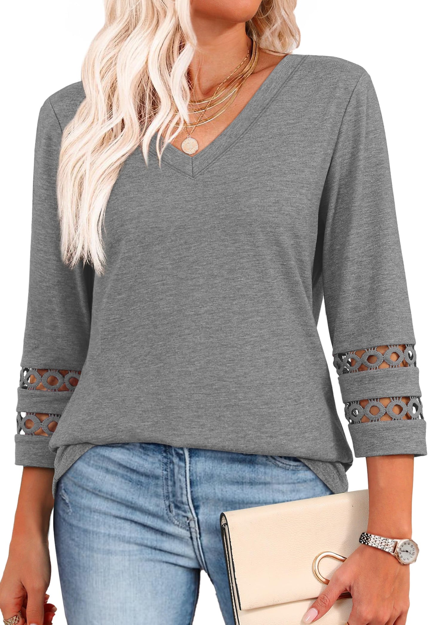 ✨Womens 3/4 Length Sleeve Tops Trendy V Neck T Shirts(buy 3 free shipping)