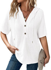 ✨Women's Waffle Knit Button V Neck Short Sleeve Lightweight Drawstring Hoodies(BUY 2 10% off)