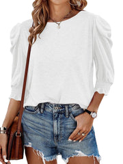 ✨Fall Womens 3/4 Length Puff Sleeve Tops Trendy T Shirts with Smocked Cuffs(BUY 2 FREE SHIPPING)