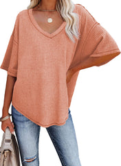 ✨Women's Causual V Neck Short Sleeve Shirts Waffle Knit Loose Tunic Tops(buy 3 free shipping)
