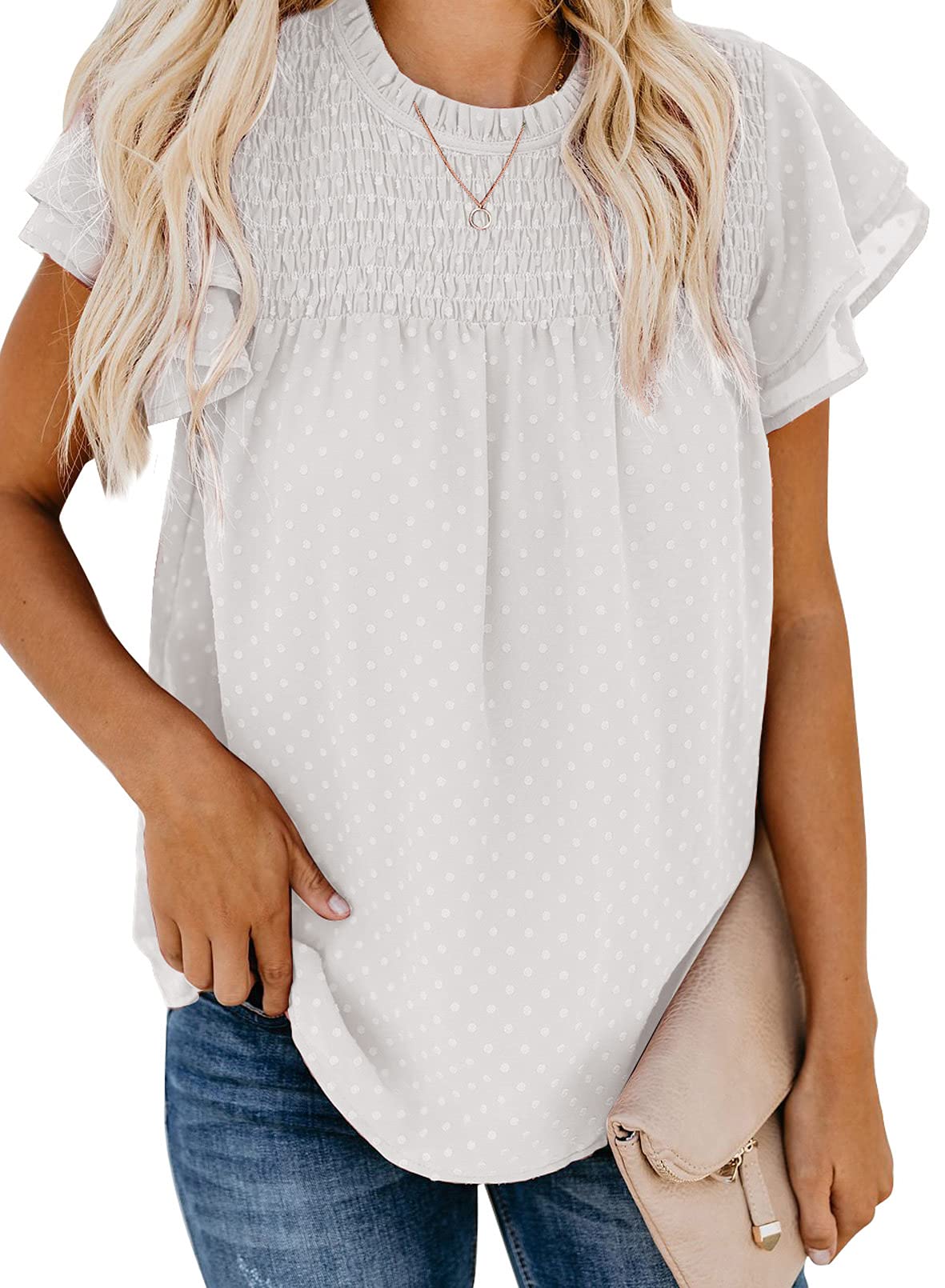 ✨Womens Crewneck Lace Crochet Pom Pom Flowy Short Sleeve Casual Shirts Blouses
