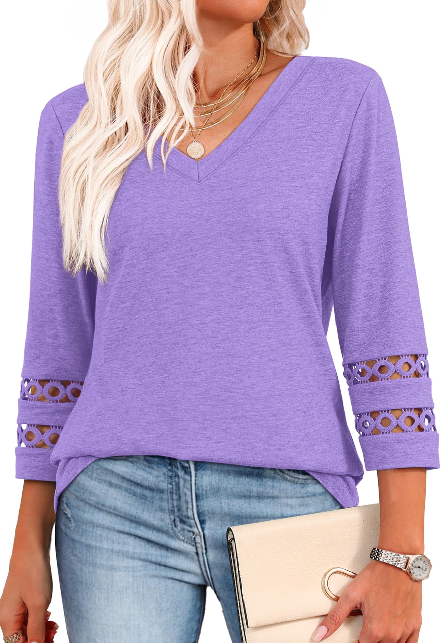 ✨Womens 3/4 Length Sleeve Tops Trendy V Neck T Shirts(buy 3 free shipping)