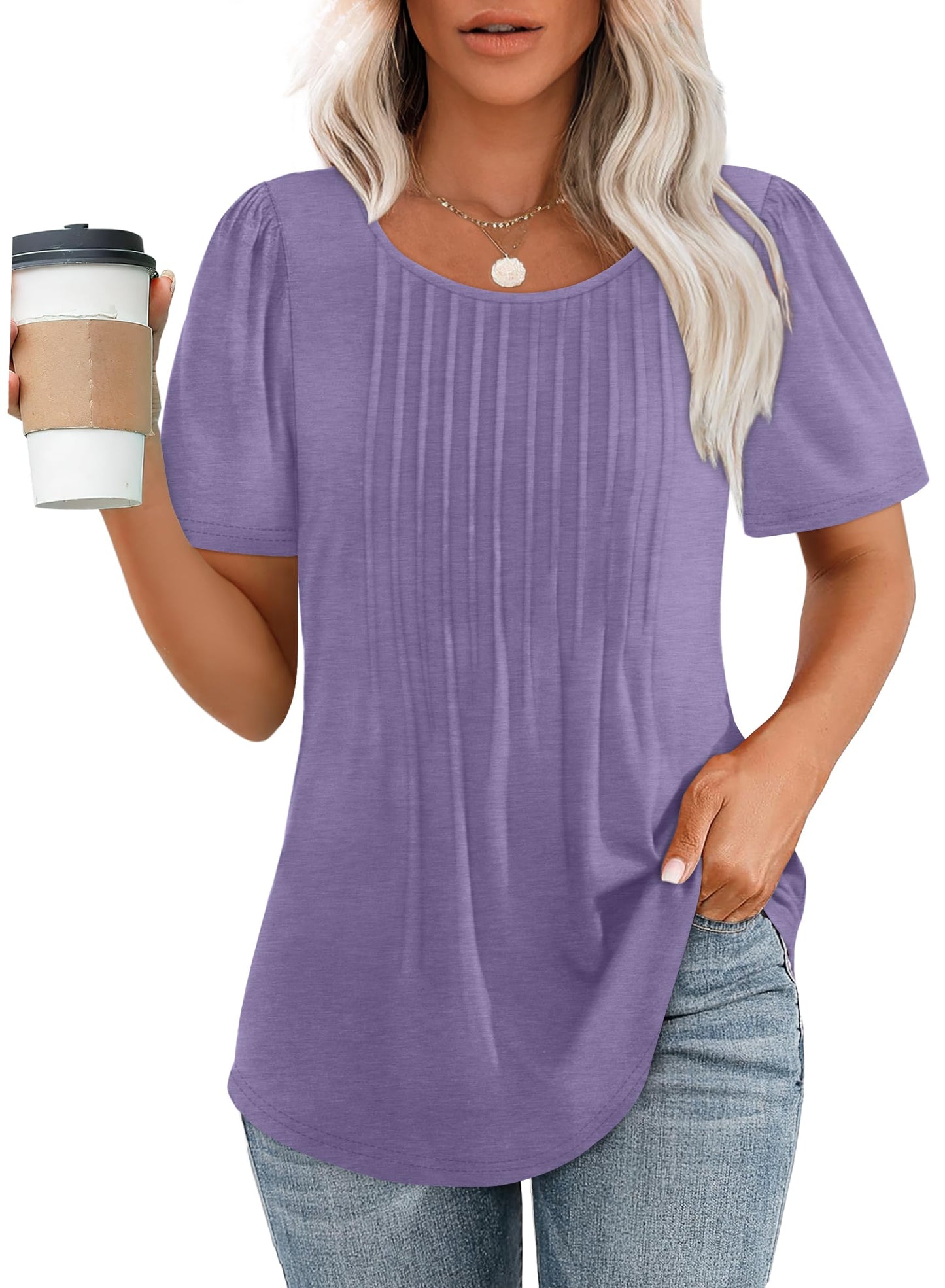 ✨Women's Short Sleeve Pleated Dressy Casual Scooped Neck Tops (Buy 3 Free Shipping)